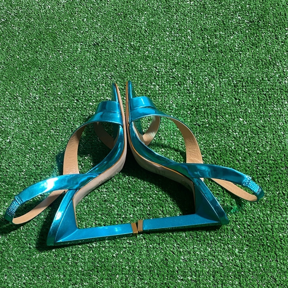 Schutz Kelly Sandal Blue Metallic Leather High Heel Strappy Shoes Size 6B X-17 - Picture 4 of 7